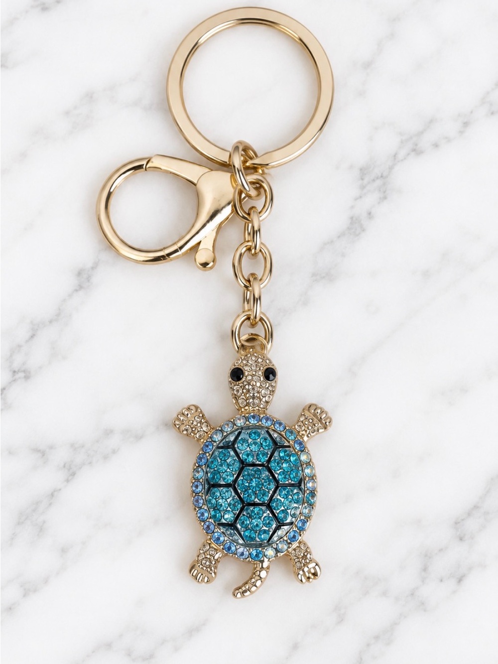 Bag Charm/Keyring-Turquoise and White Rhinestoned Turtle Charm-Gold Hardware